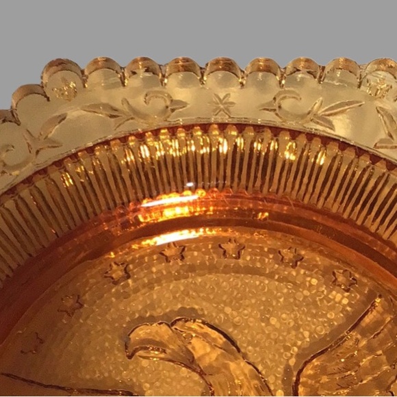 Vintage PAIRPOINT Amber Glass Cup Plate American Eagle Hexagon Scallop Edges - Picture 6 of 9